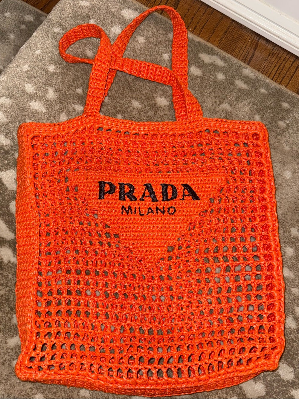 Prada-Yarn Raffia Effect Crochet Logo Embroidered Tote Bag Arancio
